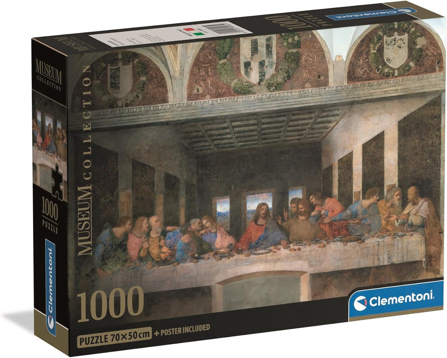 Caja del puzzle La Última Cena de Leonardo 1000 piezas Clementoni Museum Collection con el fresco de Leonardo da Vinci de Jesús y los apóstoles en la mesa
