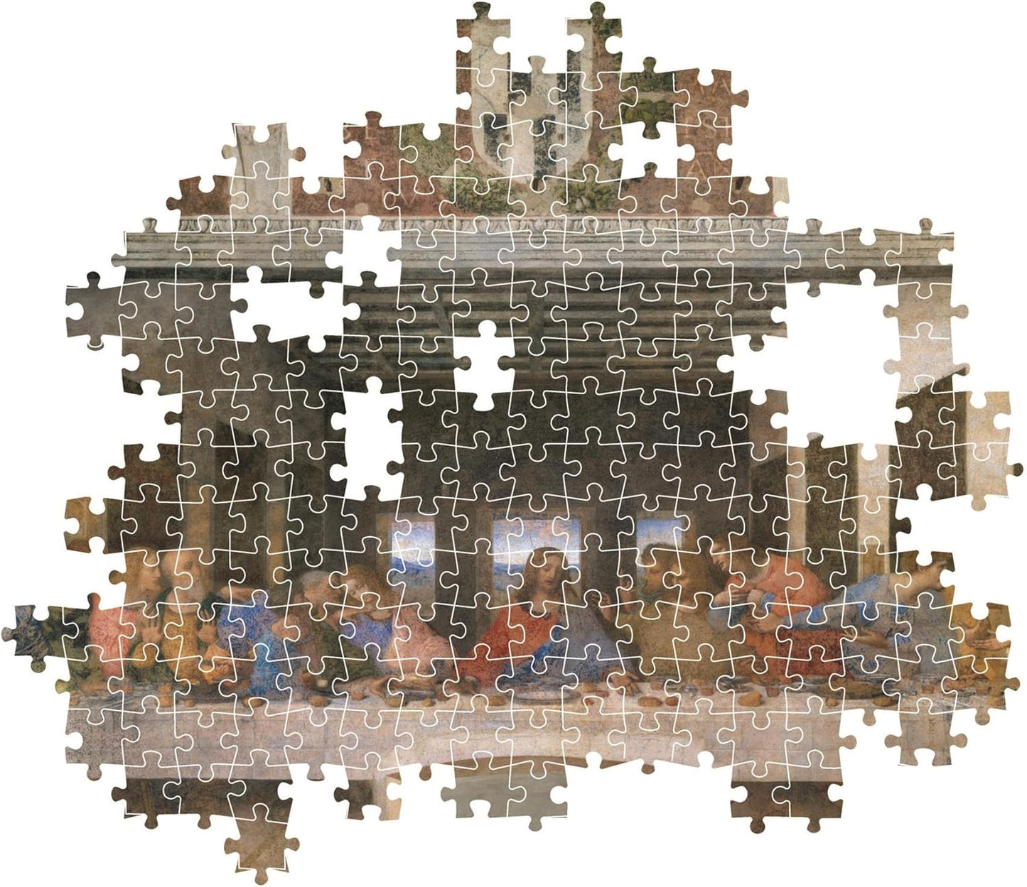 Montaje parcial del puzzle La Última Cena de Leonardo 1000 piezas Clementoni Museum Collection con piezas sueltas mostrando el fresco de la cena