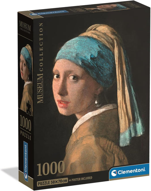 Caja del puzzle La Joven de la Perla 1000 piezas Clementoni, colección Museum Collection, con el retrato de Vermeer de una joven con turbante azul y pendiente de perla sobre fondo negro