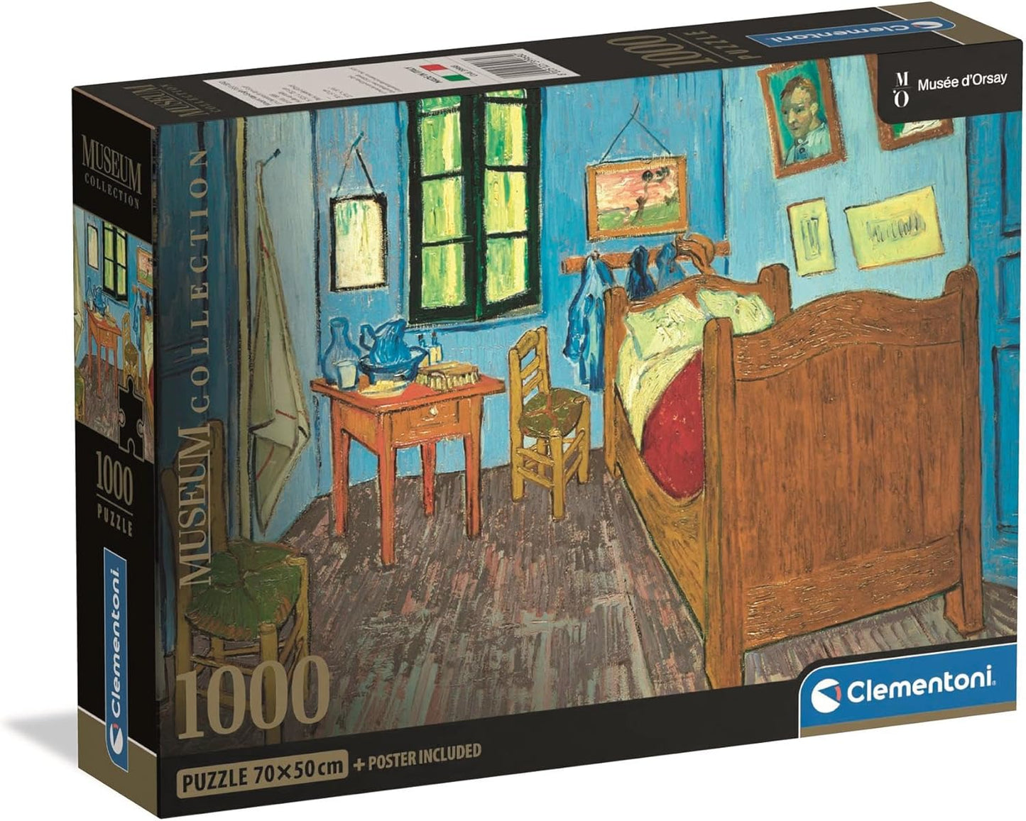 Caja del puzzle El Dormitorio de Arlés 1000 piezas Clementoni, colección Museum Collection (Musée d'Orsay), con la pintura de Van Gogh del dormitorio de paredes azules, cama de madera, mesa y sillas