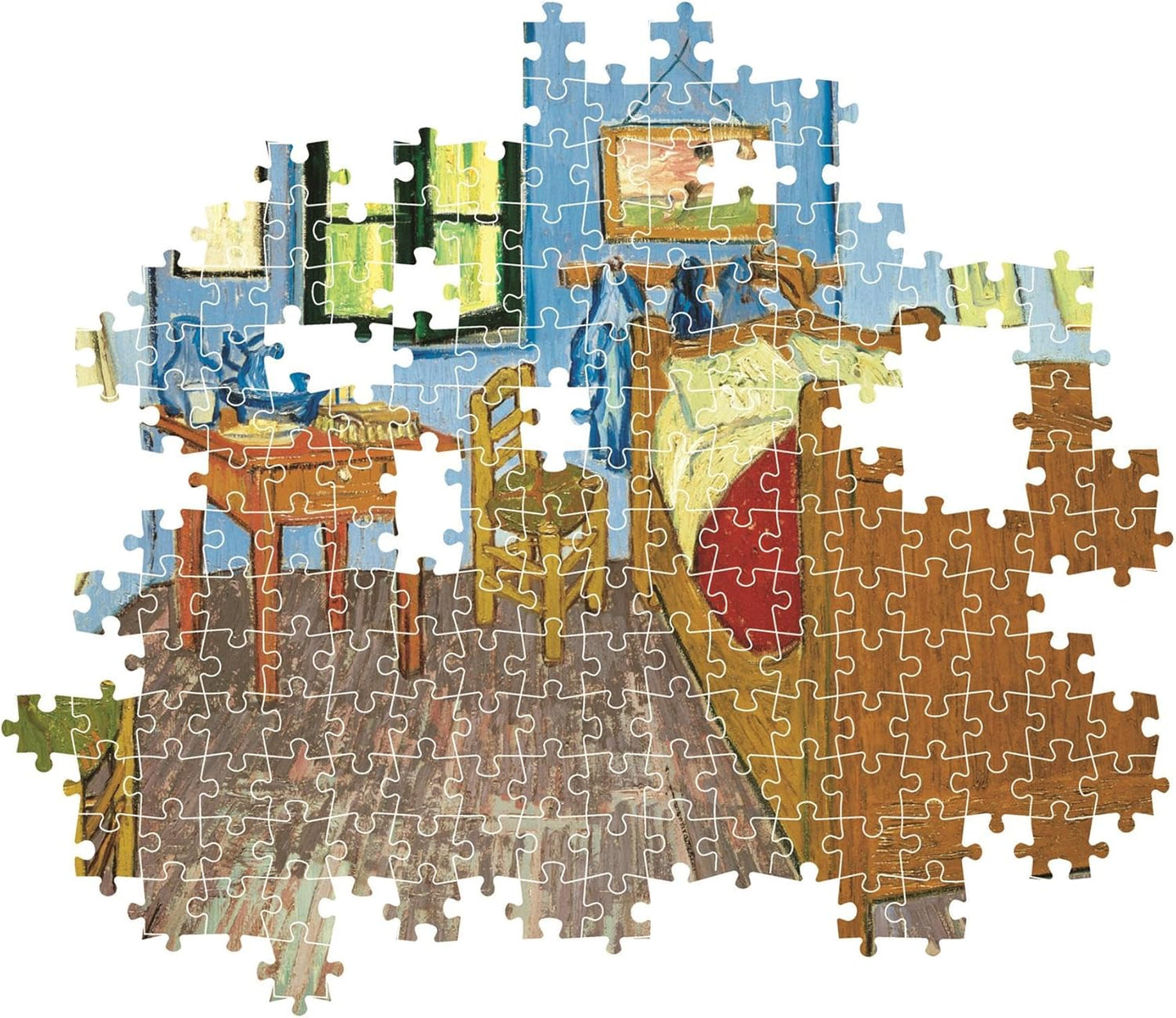 Montaje parcial del puzzle El Dormitorio de Arlés 1000 piezas Clementoni, con piezas ensambladas del dormitorio y la cama de madera y piezas sueltas alrededor