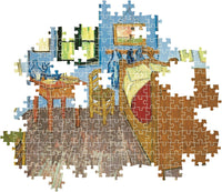 Montaje parcial del puzzle El Dormitorio de Arlés 1000 piezas Clementoni, con piezas ensambladas del dormitorio y la cama de madera y piezas sueltas alrededor
