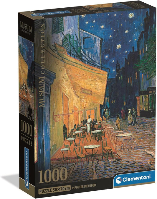 Caja del puzzle Terraza de Café por la Noche Van Gogh 1000 piezas Clementoni, colección Museum Collection, con la pintura de la terraza iluminada en amarillo bajo un cielo nocturno estrellado
