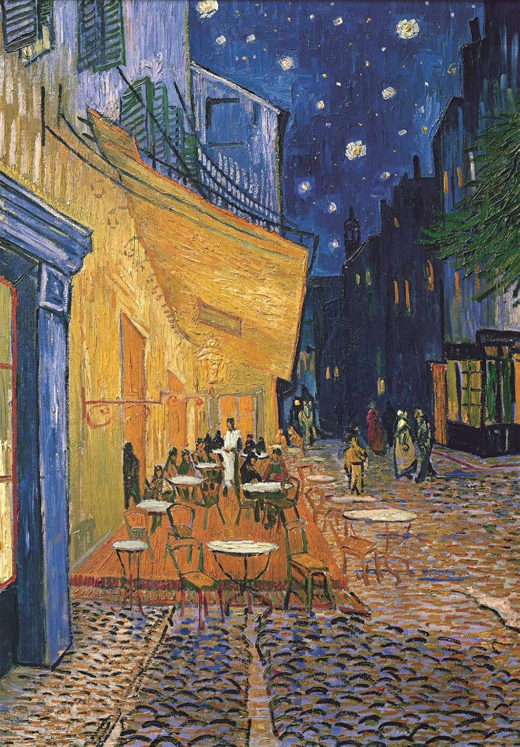 Ilustración del puzzle Terraza de Café por la Noche Van Gogh 1000 piezas Clementoni, terraza de café iluminada en amarillo bajo un cielo nocturno estrellado con calle empedrada