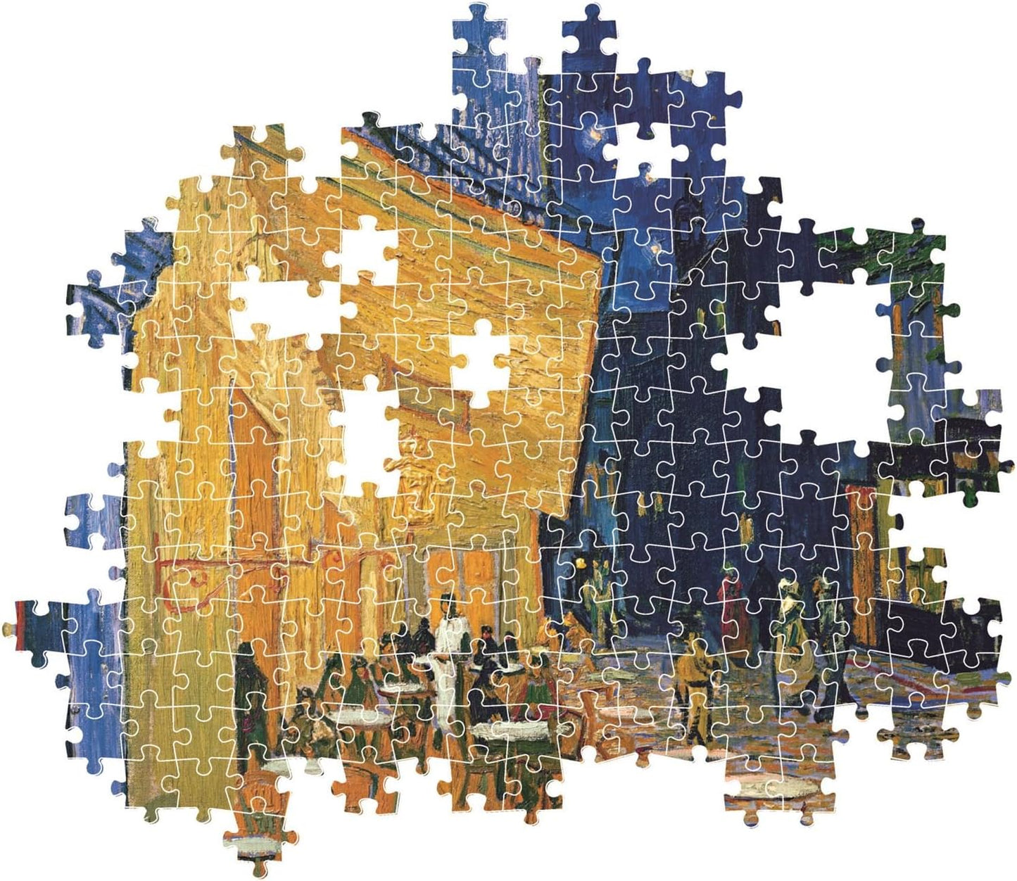 Montaje parcial del puzzle Terraza de Café por la Noche Van Gogh 1000 piezas Clementoni, con piezas ensambladas de la terraza amarilla y el cielo nocturno y piezas sueltas alrededor