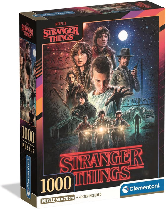 Caja del puzzle Stranger Things Temporada 1 1000 piezas Clementoni con Once y los personajes de la serie de Netflix sobre fondo nocturno