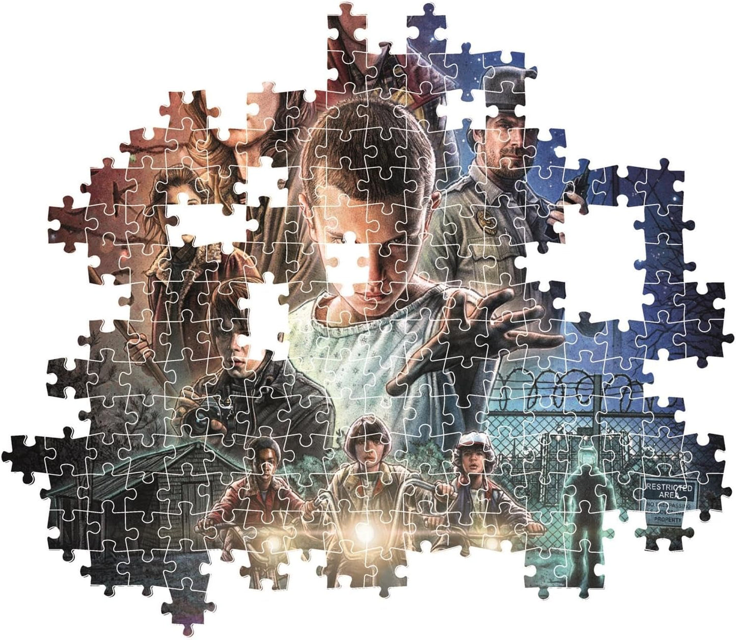 Montaje parcial del puzzle Stranger Things Temporada 1 1000 piezas Clementoni con piezas sueltas mostrando a Once y los personajes