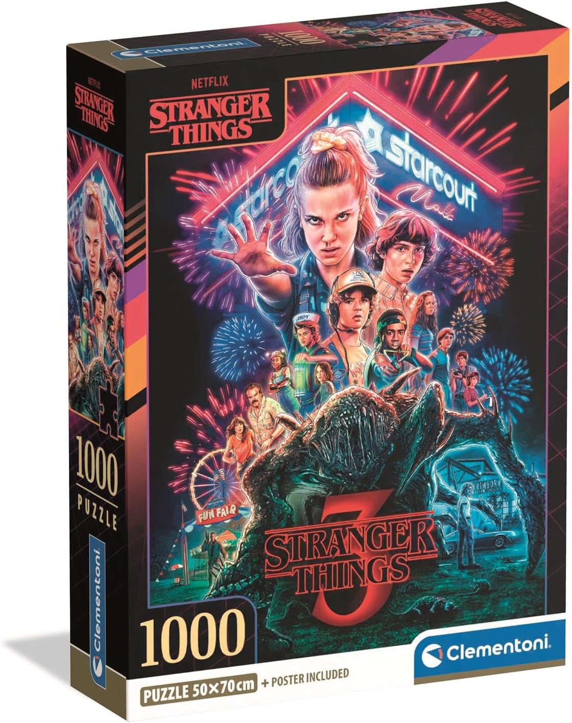 Caja del Puzzle Stranger Things Temporada 3 1000 piezas Clementoni. Póster de la serie con Eleven levantando la mano bajo el rótulo de neón del Starcourt Mall, los personajes y la criatura del Mundo del Revés entre fuegos artificiales.