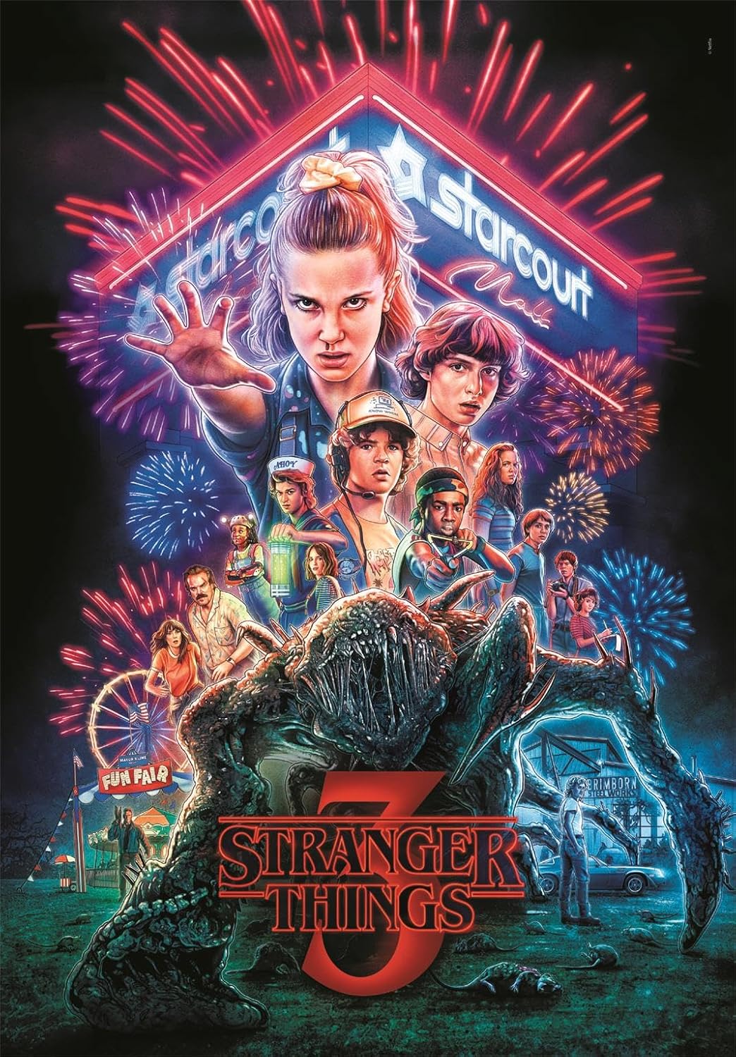 Ilustración del Puzzle Stranger Things Temporada 3 1000 piezas Clementoni. Póster de la serie con Eleven levantando la mano bajo el rótulo de neón del Starcourt Mall, los personajes y la criatura del Mundo del Revés entre fuegos artificiales.