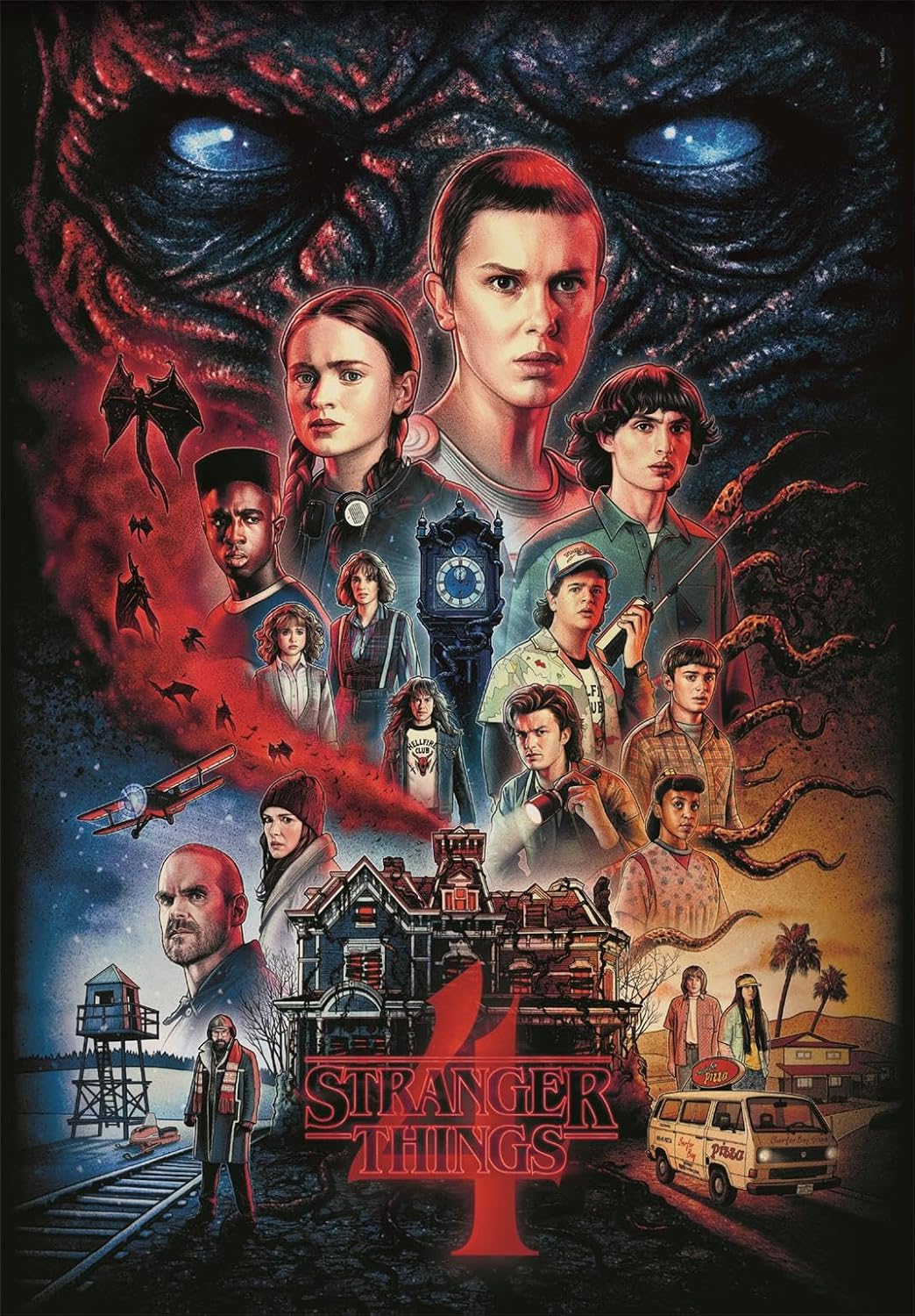 Ilustración del puzzle Stranger Things Temporada 4 1000 piezas Clementoni con Once, Vecna y los personajes de la serie de Netflix