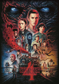 Ilustración del puzzle Stranger Things Temporada 4 1000 piezas Clementoni con Once, Vecna y los personajes de la serie de Netflix