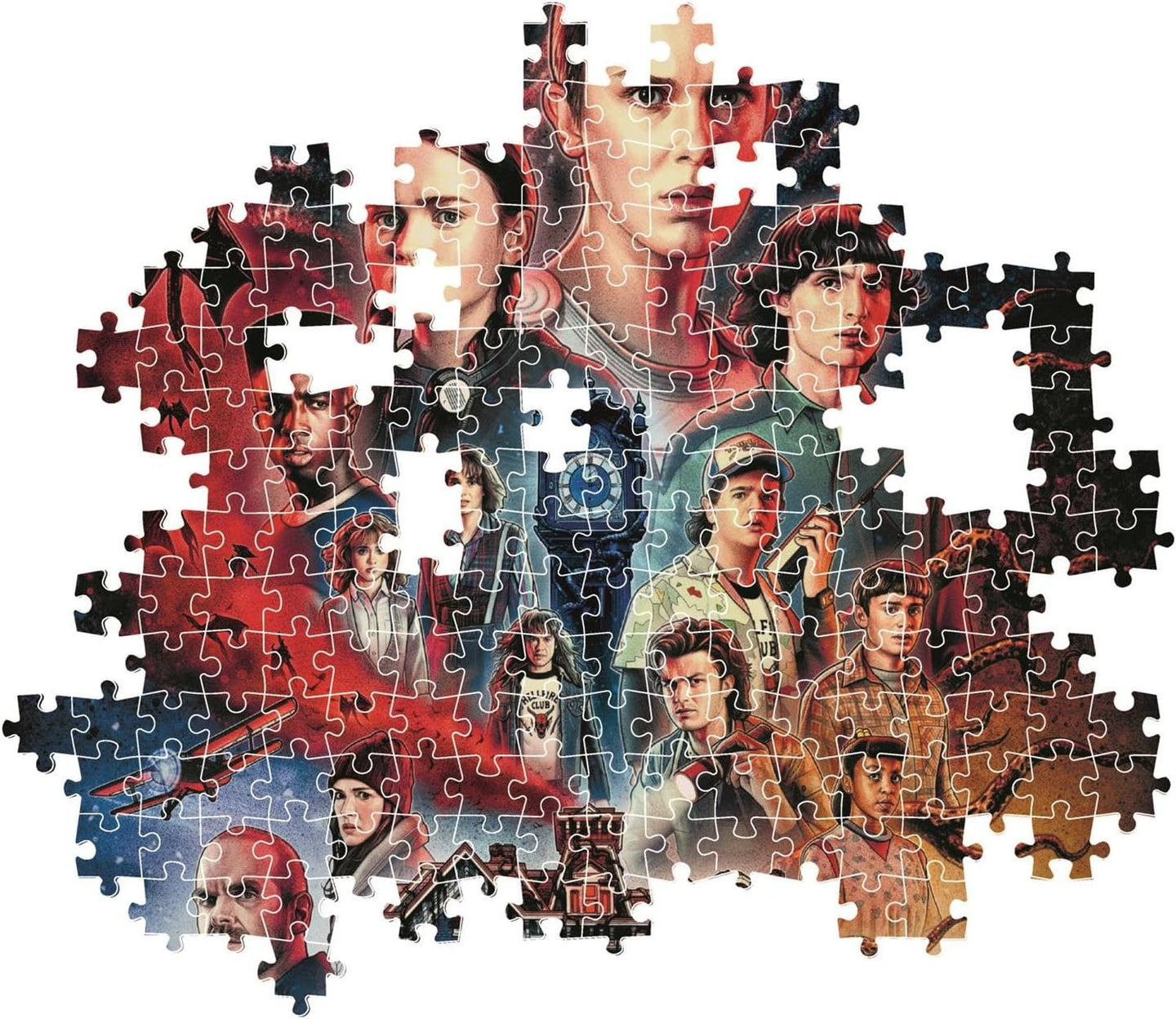 Montaje parcial del puzzle Stranger Things Temporada 4 1000 piezas Clementoni con piezas sueltas mostrando a Once y los personajes