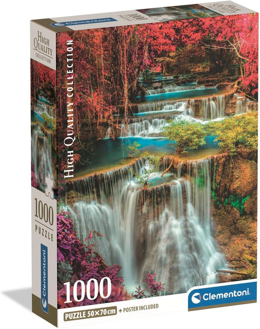 Caja del puzzle Cascadas Coloridas 1000 piezas Clementoni con cascadas escalonadas de aguas turquesa en un bosque otoñal de hojas rojas