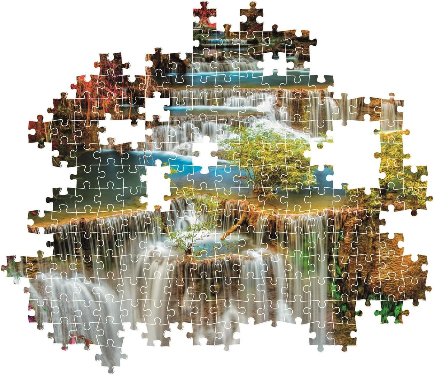 Montaje parcial del puzzle Cascadas Coloridas 1000 piezas Clementoni con piezas sueltas mostrando las cascadas y el bosque