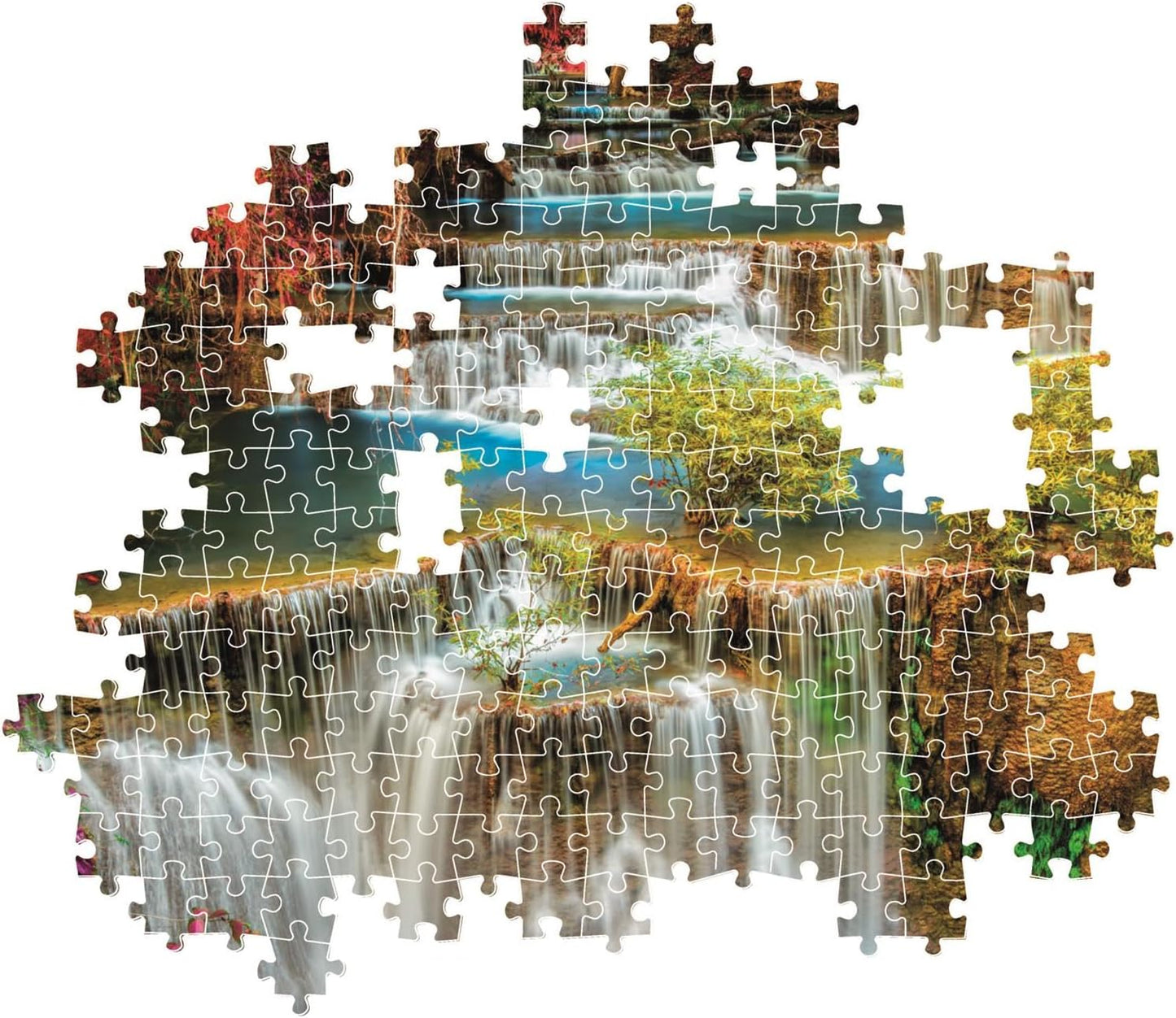 Montaje parcial del puzzle Cascadas Coloridas 1000 piezas Clementoni con piezas sueltas mostrando las cascadas y el bosque