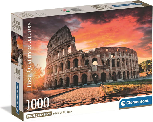 Caja del puzzle Atardecer en el Coliseo de Roma 1000 piezas Clementoni con el Coliseo iluminado por un cielo anaranjado al atardecer
