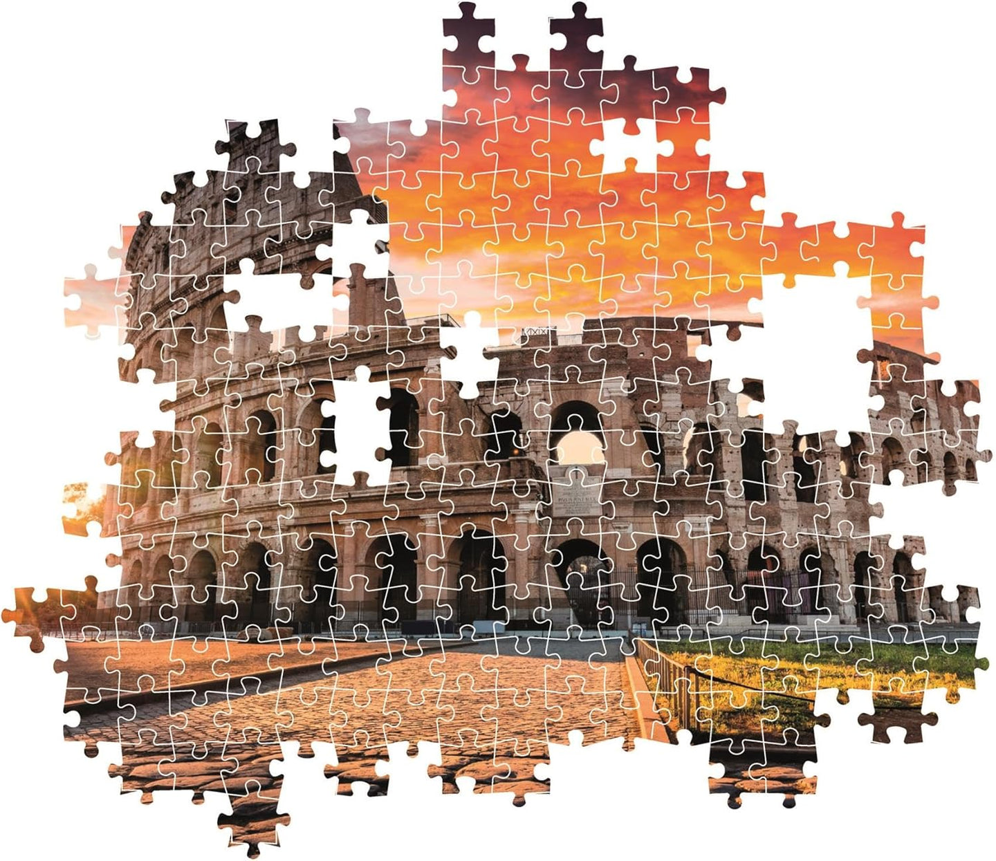 Montaje parcial del puzzle Atardecer en el Coliseo de Roma 1000 piezas Clementoni con piezas sueltas mostrando el Coliseo y el cielo del atardecer