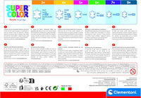 Infografía de la gama SuperColor de Clementoni con las edades recomendadas y el número de piezas de cada puzzle de la colección