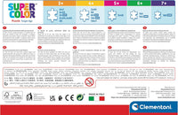 Infografía de la gama SuperColor de Clementoni con las edades recomendadas y el número de piezas de cada puzzle de la colección